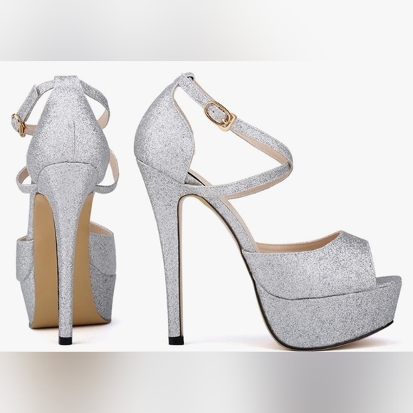 Silver Sparked Peep Toe Platform Stiletto Sandals - Size 9 ZRiey - Picture 3 of 6